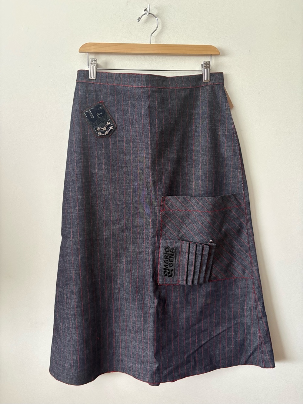 French Brand Mario & Gena Pinstripe A-Line Skirt with Red Accents